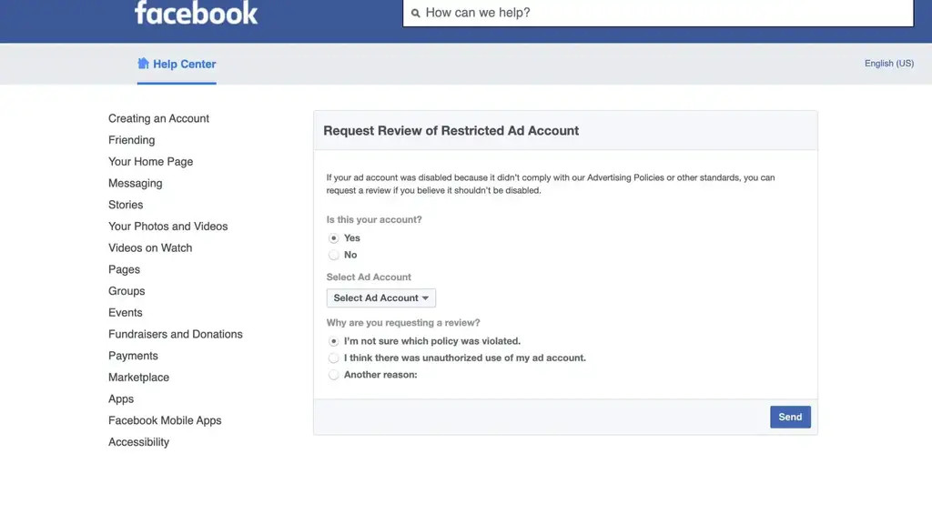 Next part of the appeal form process to request a review of a disabled or restricted Facebook Ad account