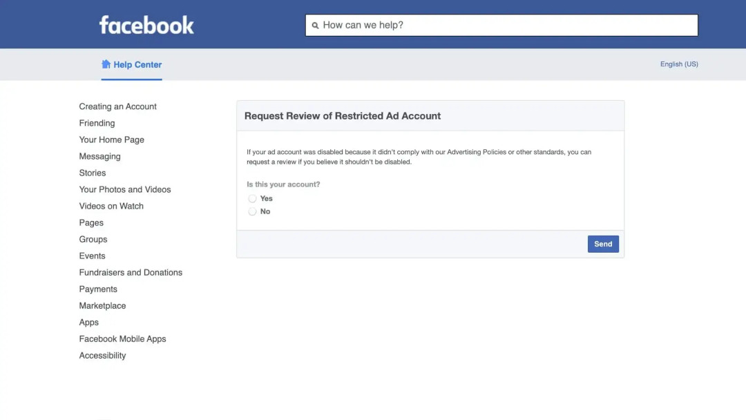 View of the appeal form that may appear for you to request a review of a restricted or disabled Facebook ad account. 