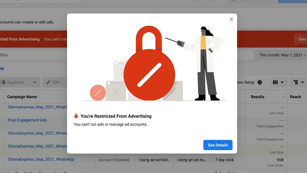 One of the error messages you can receive for a disabled Facebook ad account. Image shows a big red padlock and an error message that says you can't run ads or manage ad accounts.