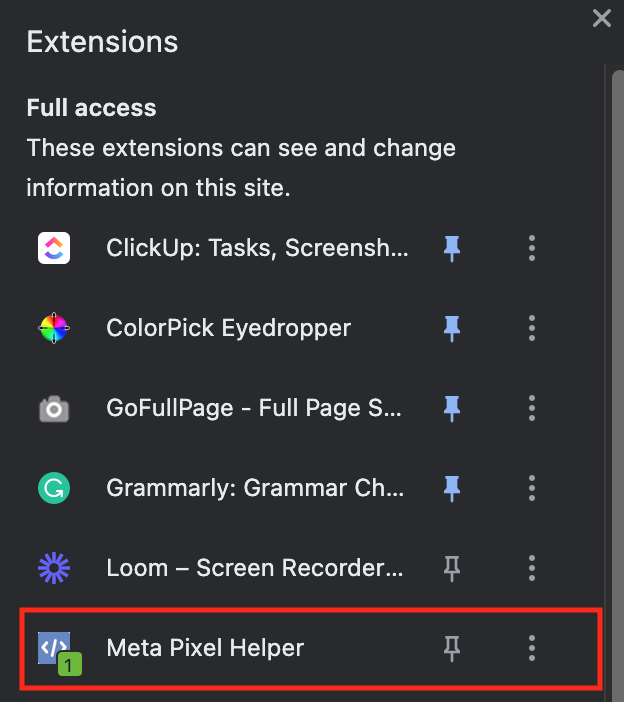 Choose Meta Pixel Helper from the list of browser extensions.