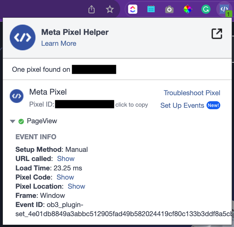 The expanded view of the Meta Pixel Helper including the event information.