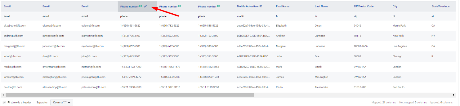 Edit colmns during data mapping in your offline event set.