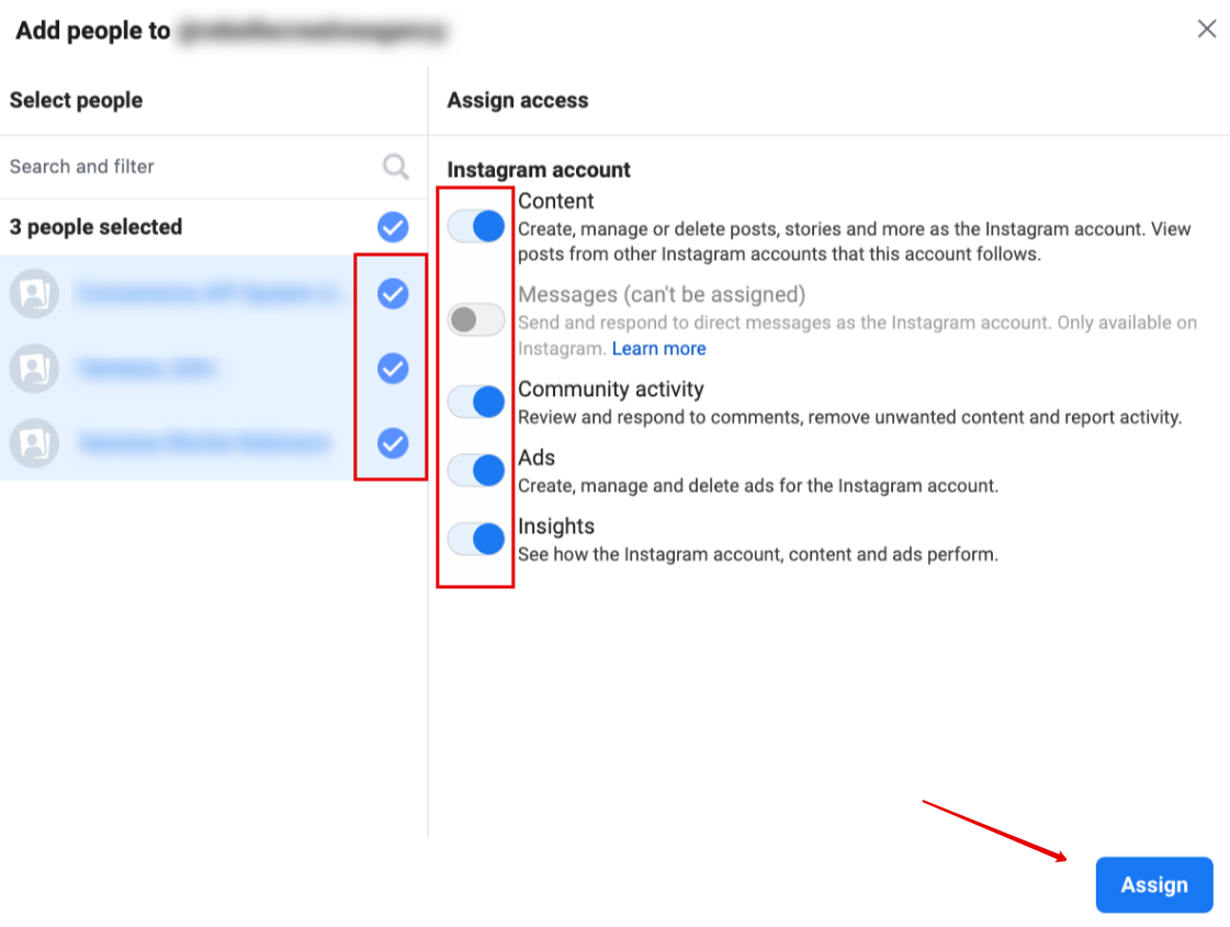 Assign people and permissions in Meta Business Manager for each asset.