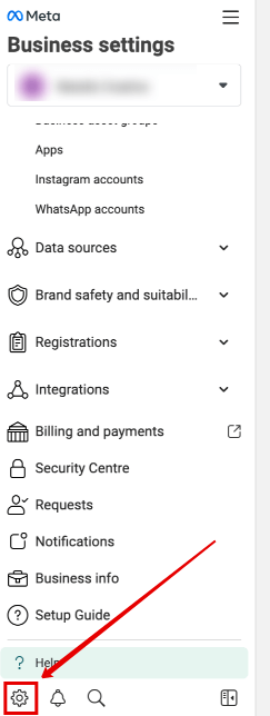 Meta Business Manager menu showing the cog icon where you can find Business Settings.