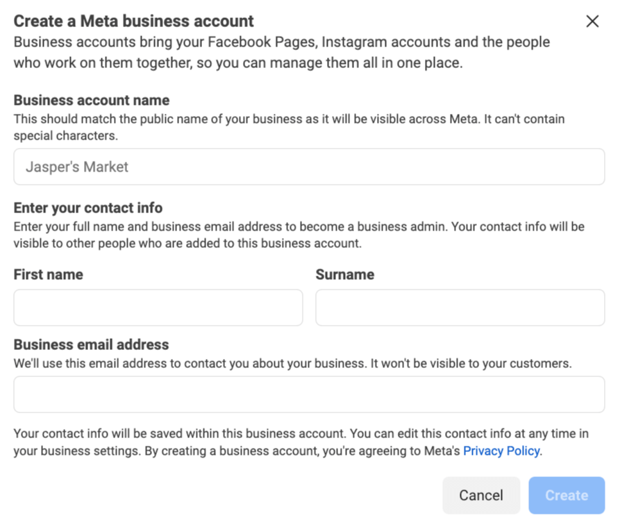 Create a Meta business account popup.