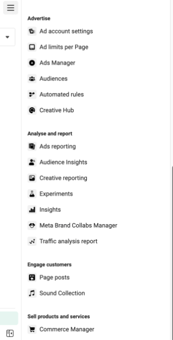 Meta Business Manager menu showing the full list of tools available.