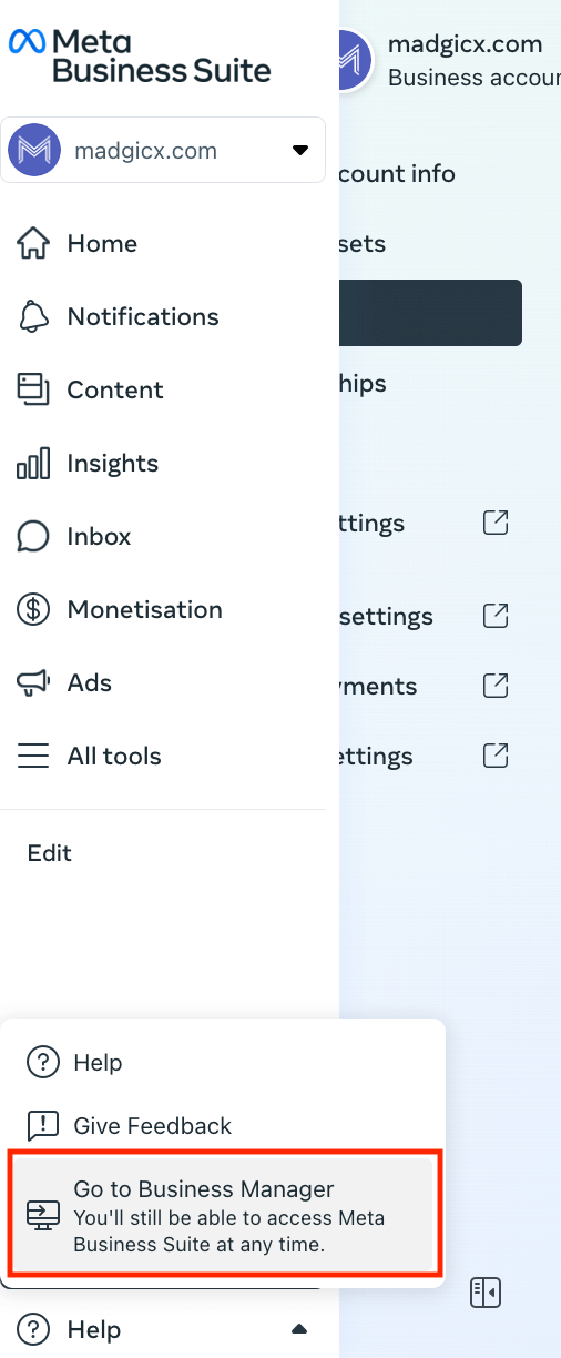Switch from Meta Business Suite to Meta Business Manager.
