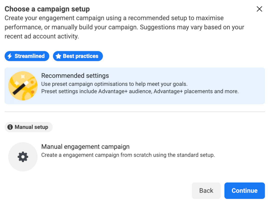 Choose campaign setup screen during ad creation in Campaigns.