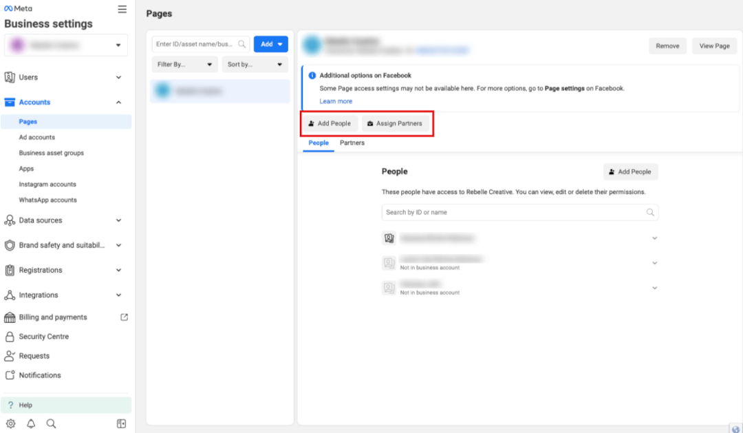 Where you assign partners or people to Pages in Meta Business Manager.