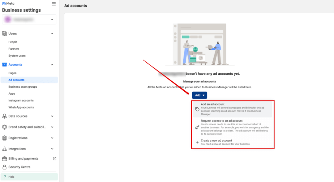 Meta Business Manager how to add an ad account.