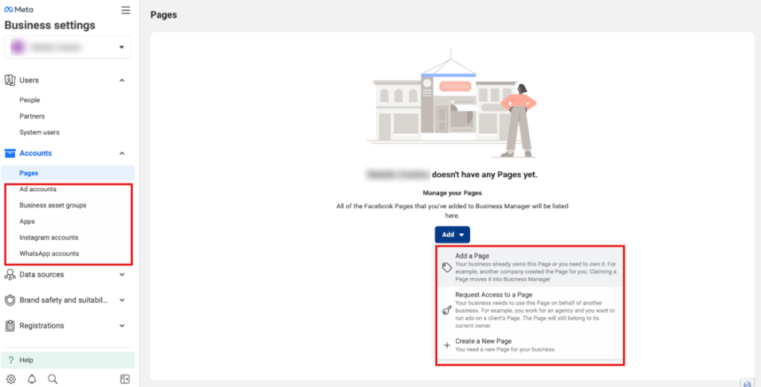 Meta (Facebook) Business Manager showing the Pages menu under Accounts.