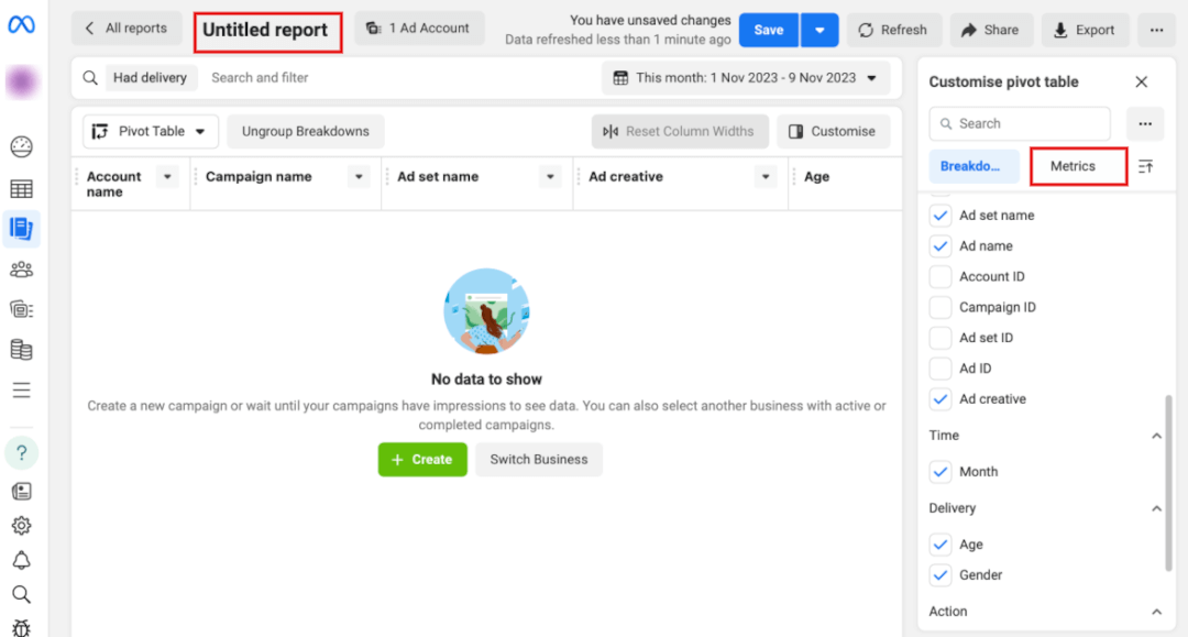 Reports page in Meta Business Manager with the metrics and breakdowns that you can add highlighted.