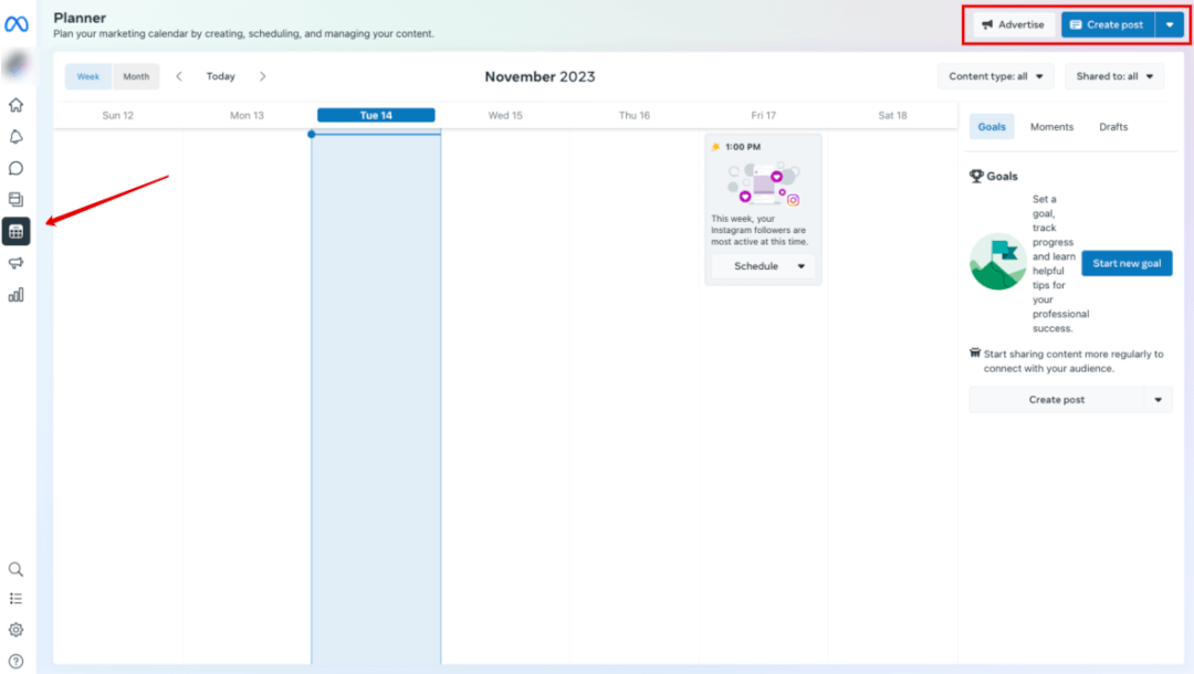 Planner screen in Meta Business Suite.