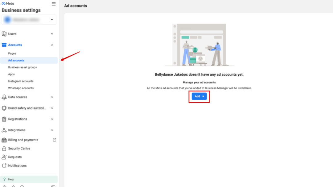 Business settings with the Ad accounts tab highlighted.