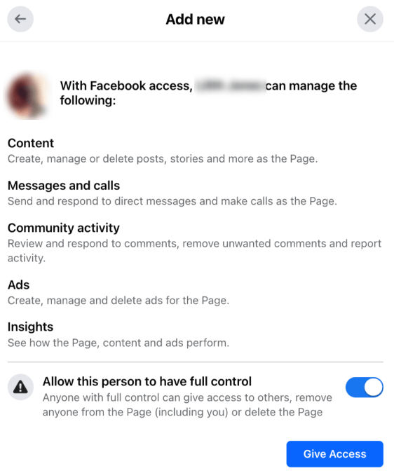 Add user to Facebook Page and set permissions.