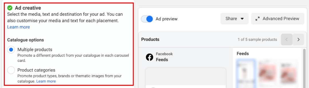 Ad settings: Ad creative settings where you select multiple products or product categories