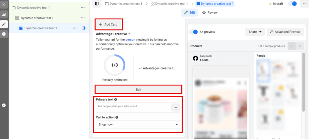 Ad settings: Add Card and edit creative versions, primary text versions, and call to action.