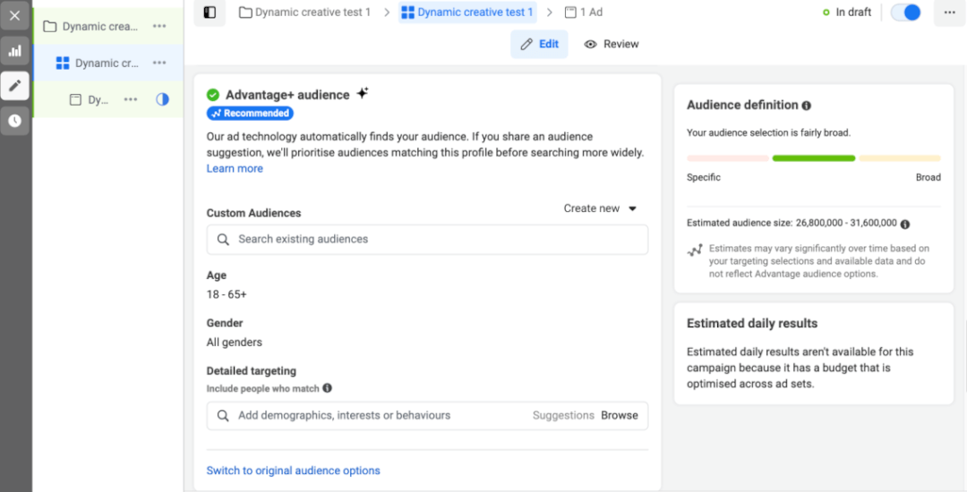 Ad set settings: Use the recommended Advantage+ audience settings