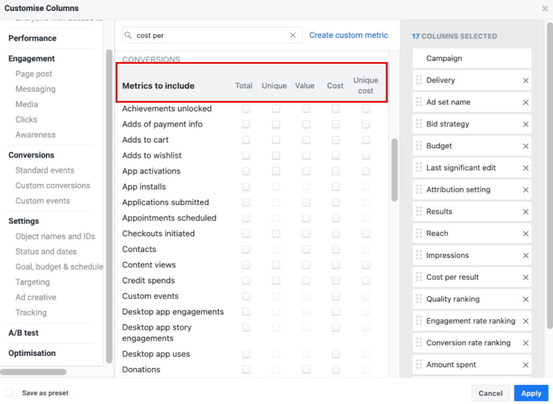 Choose conversion metrics to customise your columns in Meta Ads Manager.