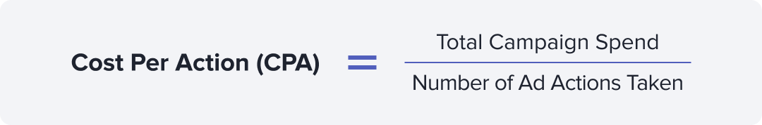 Cost per action = https://madgicx.com/blog/Total ad campaign spend / Number of specified ad actions taken