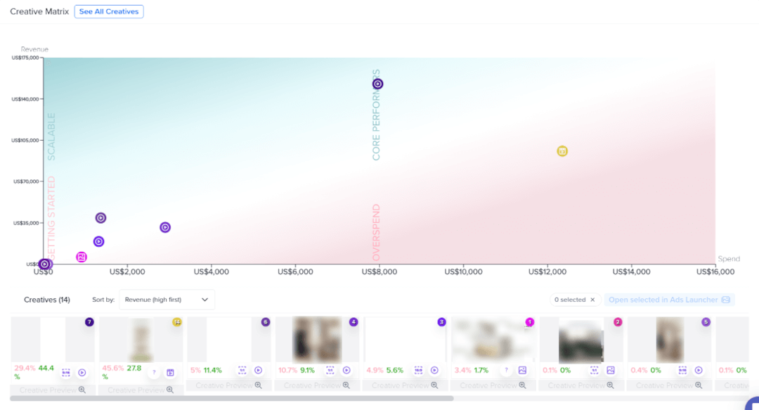 Creative Insights matrix showing the performance of your ads based on different creative elements.