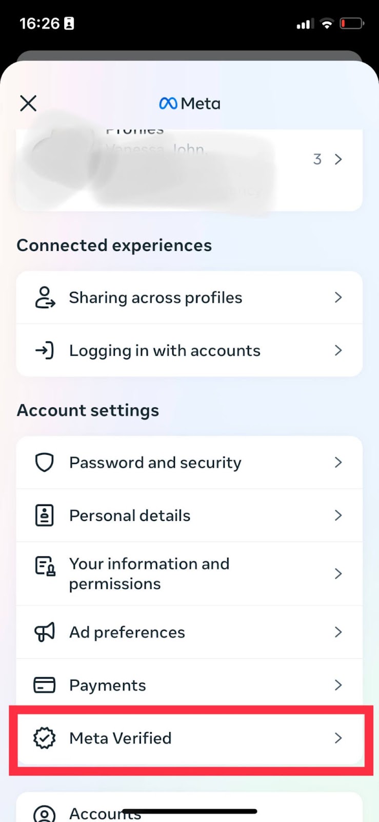 Mobile view of Accounts Centre with Meta Verified button highlighted.