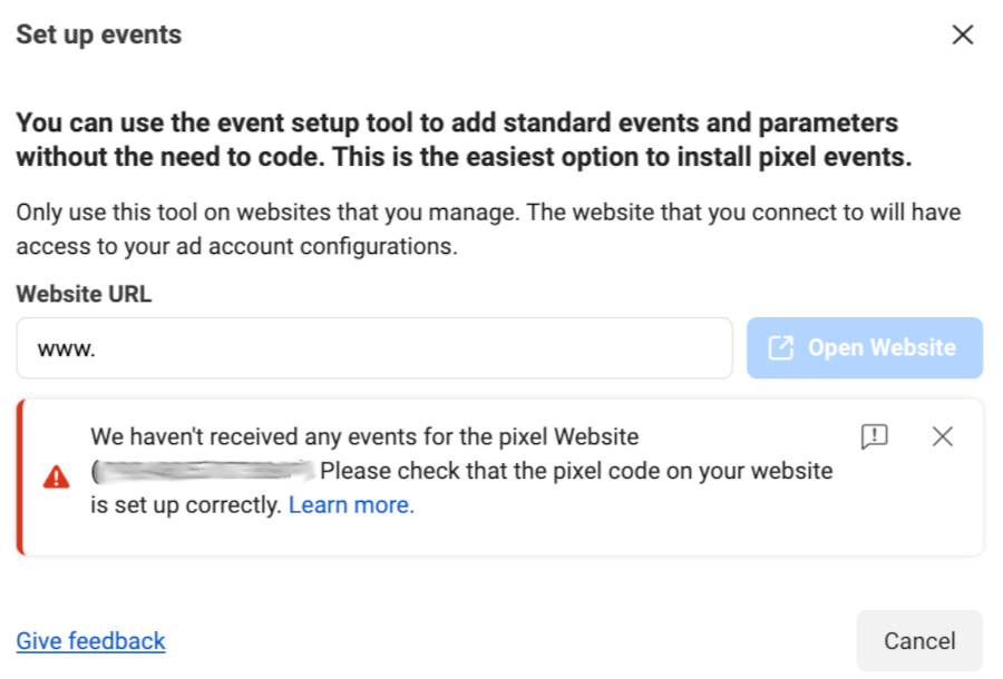 Set up events section with the option of tracking with no code, just add your website URL