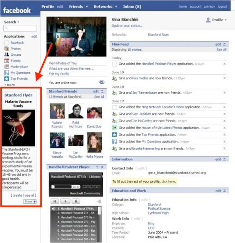 Facebook circa 2006 with an 'ad' highlighted.