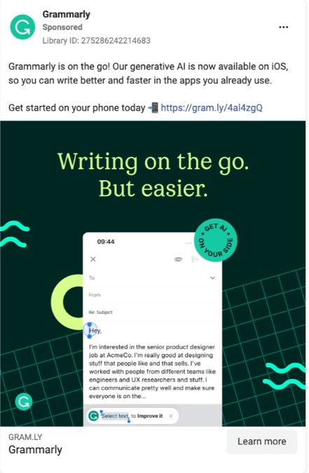 Grammarly video ad example.