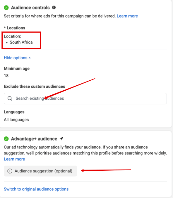 Audience controls and location settings.