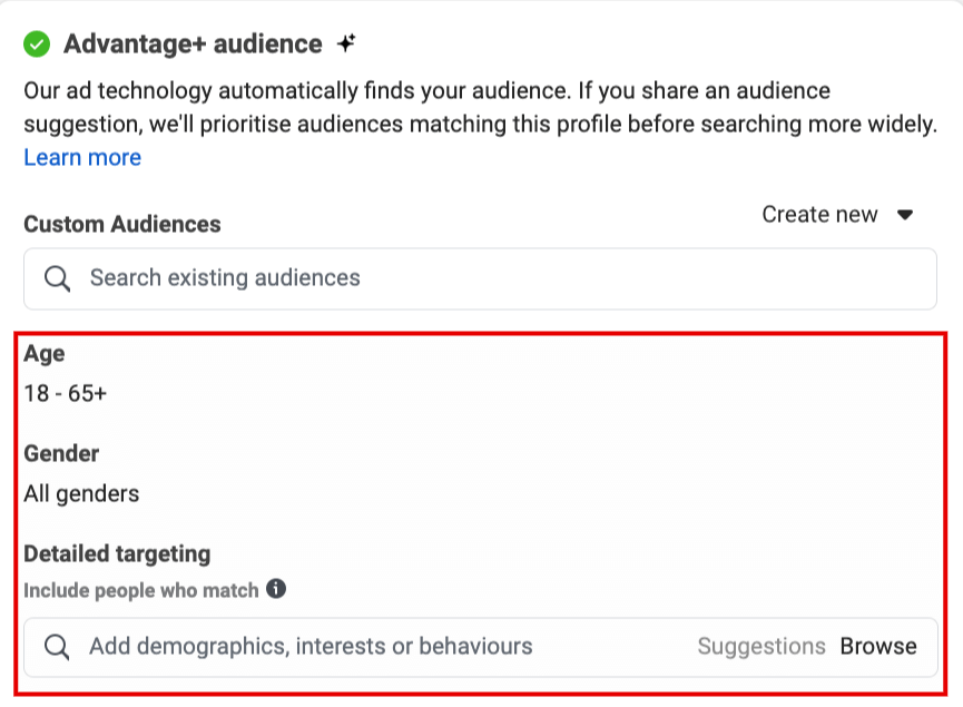 Advantage+ audience details.