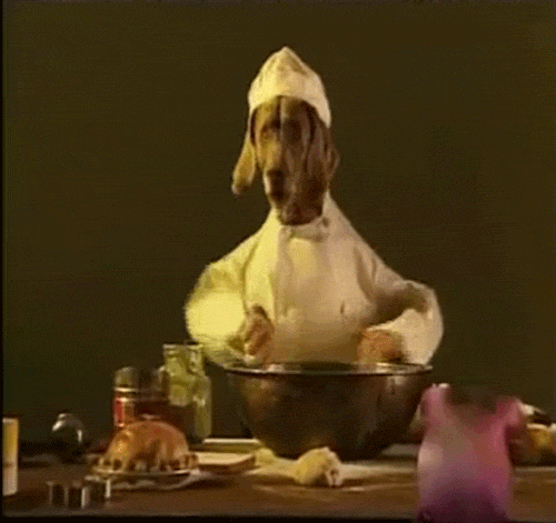 Dog chef stirring a bowl vigorously.
