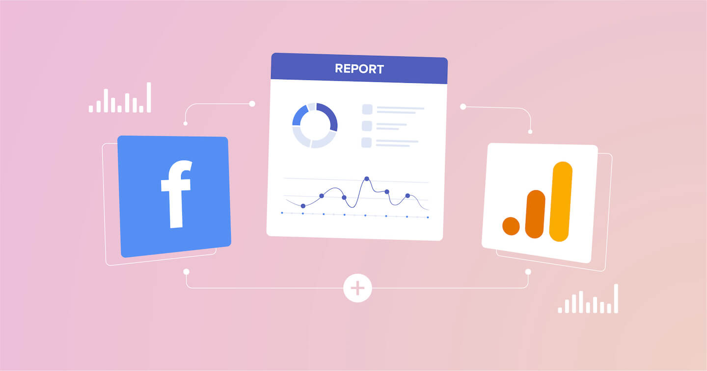 graphic showing Facebook and Google Analytics connecting their data to a digital marketing report