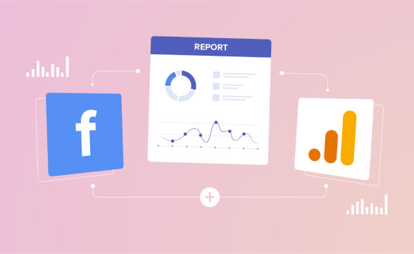 graphic showing Facebook and Google Analytics connecting their data to a digital marketing report