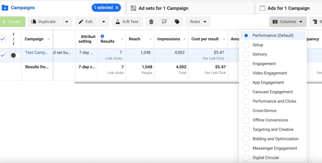 Columns - Facebook ad metrics in ad manager