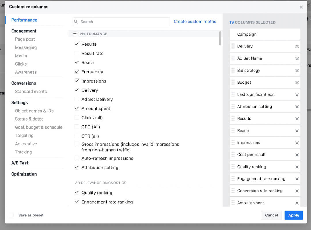 Customize columns - Facebook ad metrics