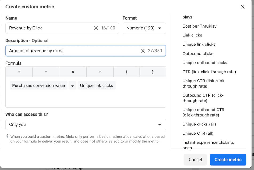 Custom Facebook ad metrics