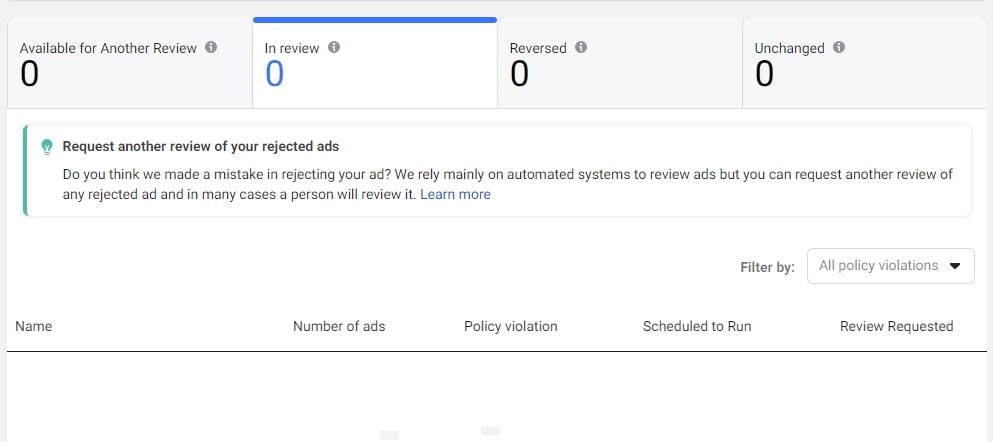 In Review - Facebook ad rejected