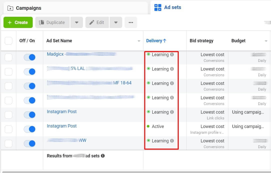 Facebook Learning Phase - the Delivery column in Ads Manager