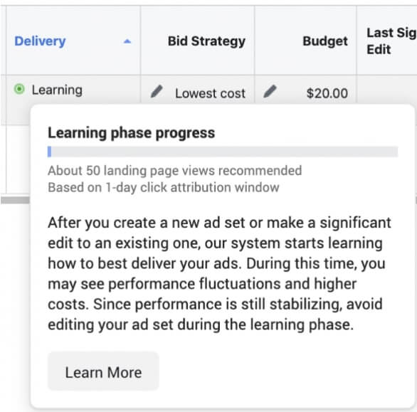 Facebook learning phase status