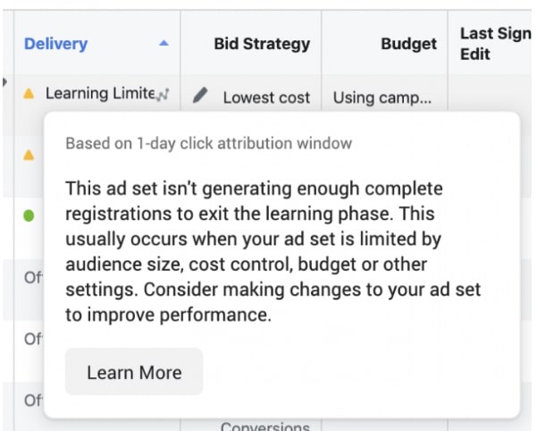 Learning limited - Facebook ad delivery