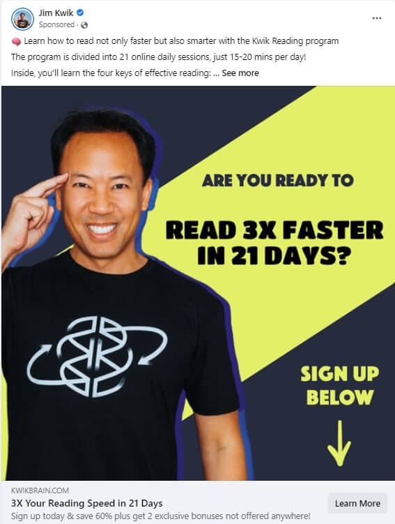 FB ad copy example - Jim Kwik