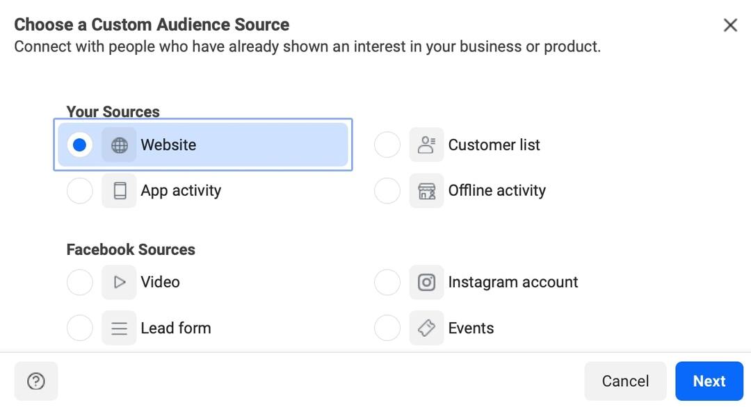 creating a Facebook website custom audience; choose a custom audience source