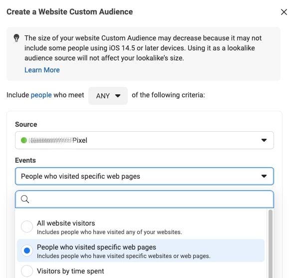 creating a Facebook website custom audience; choose people who visited specific web pages from dropdown