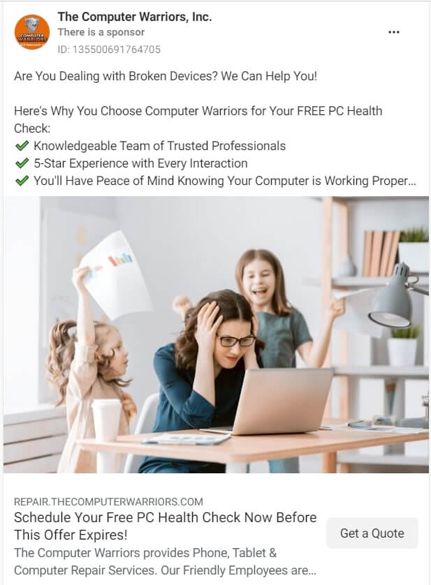 The Computer Warriors, Inc. - Facebook ad example