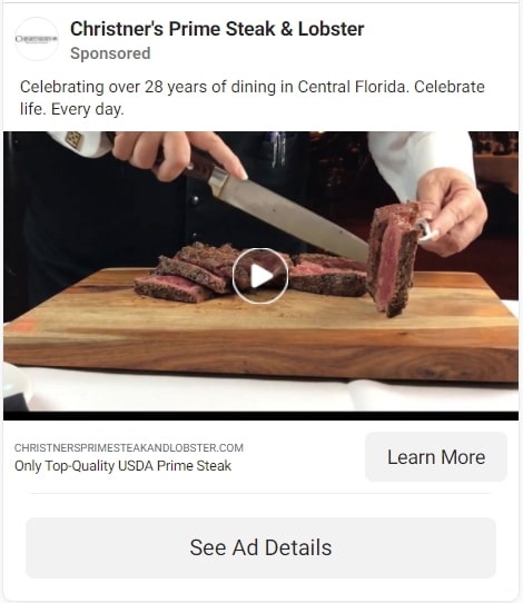 Christner’s Prime Steak & Lobster - Facebook ad example