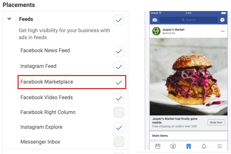 Facebook Marketplace placement