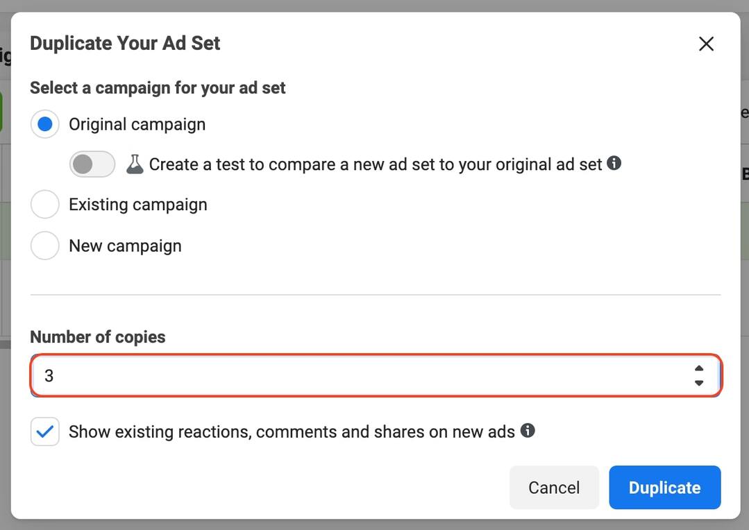 Duplicate Facebook ad set