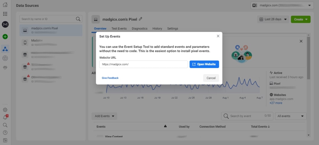 Set up Facebook Pixel standard events - Event Setup Tool - open website