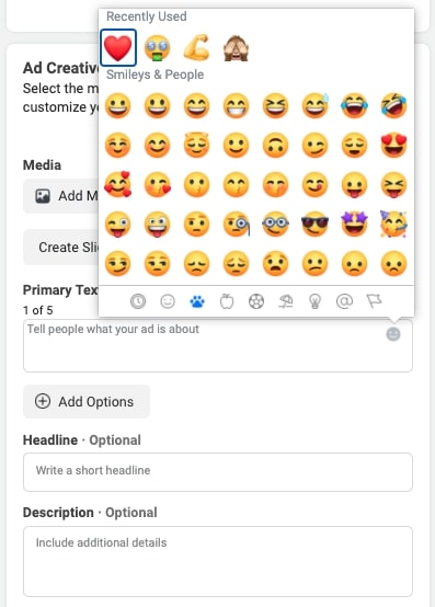 The emoji keyboard in the Facebook Ads Manager